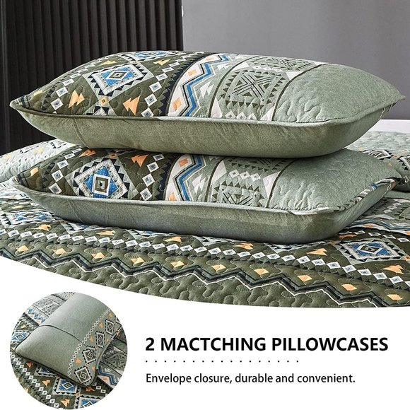 New Boho Olive Green 3 PC Bedding 100% Polyester Quilt Set • Reversible • QUEEN - Picture 2 of 9